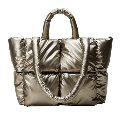 Women Large Quilted Puffer Tote Bag Soft Padded Down Winter Handbag Space Totes Puffer Shoulder Bag Pillow Shopper Bag, Bronze-m