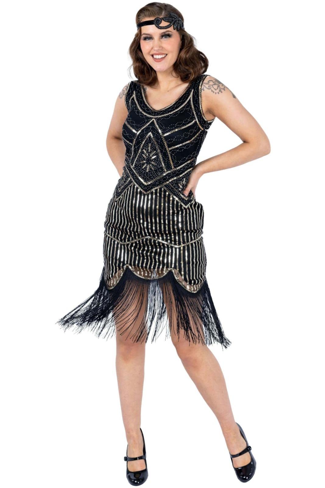 Ro Rox Great Gatsby 1920's Cocktail Party Sequin Tassel Flapper Dress Vintage, Black & Gold, M