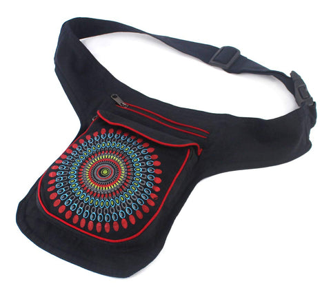 Casual Ethnic Design Fabric Bum Bag with Zip Closure One Size Adjustable Strap (18 x 16 x 3 cm) Black Mb-1, Black