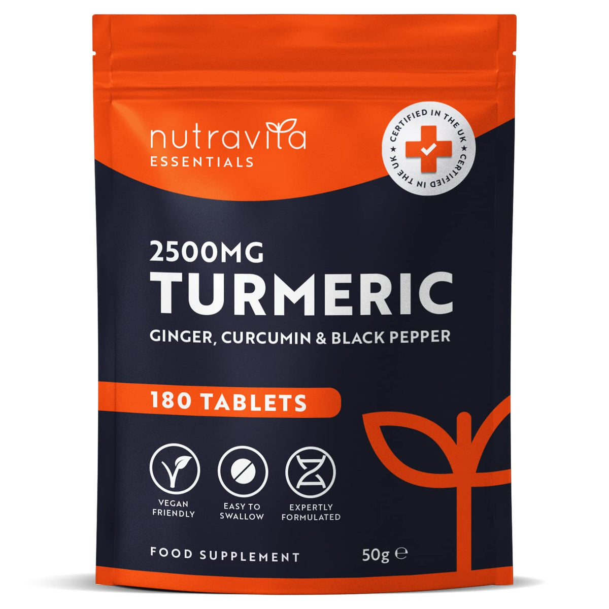 Nutravita Turmeric Tablets 2500mg with Black Pepper & Ginger - 180 High Strength Tumeric Supplements (3 Month Supply) - Vegan & Gluten Free - Alternative to Capsules - Letterbox Friendly - UK Made