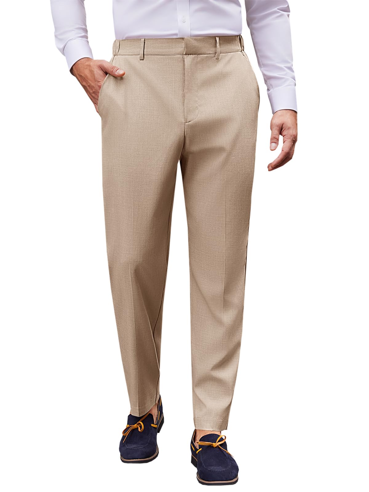 PASLTER Mens Dress Pants Slim Fit Pleated Classic Chino Work Suit Pants Slacks Khaki