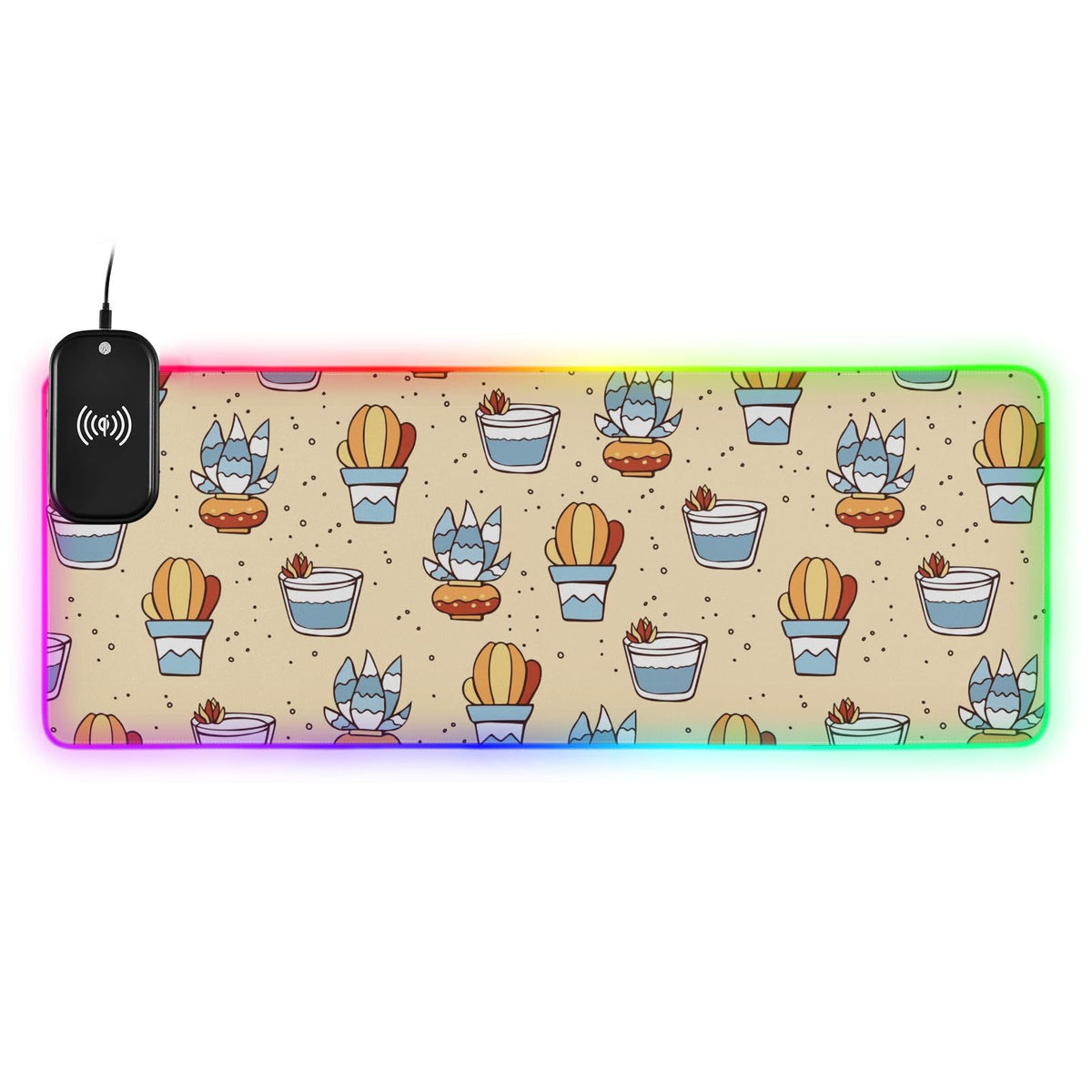 Cactus Succulents Flowerpots Wireless Charging Mouse Pad for Mobile Phone Extra Large Gaming Mousepad with 13 Lighting Modes Computer Mat for Gaming MacBook PC Laptop Desk Office Home