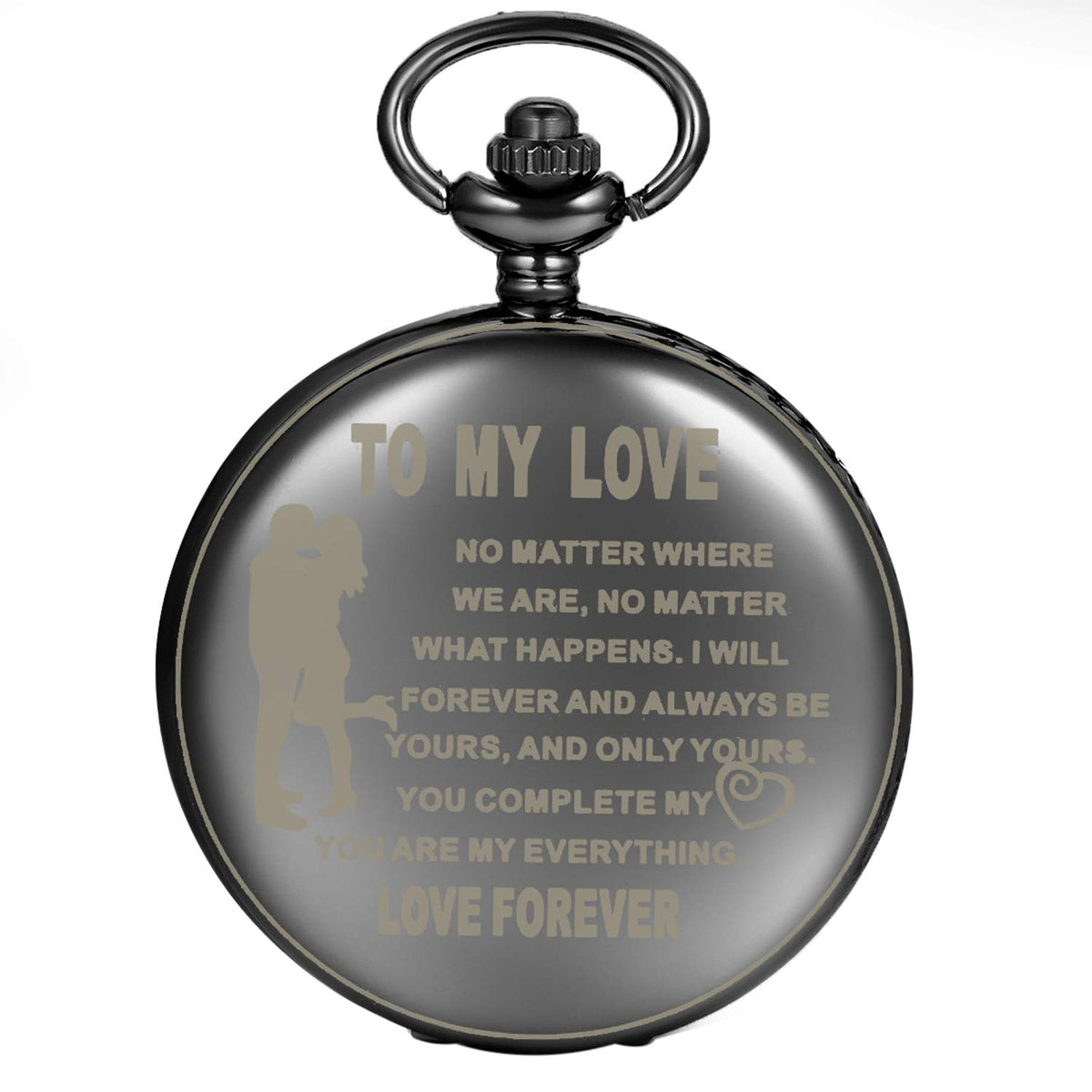 JewelryWe Men Women Pocket Watch Simple Black Polish Quartz Pendant Watch to My Love Engraved Pattern Necklace Watch with Chain
