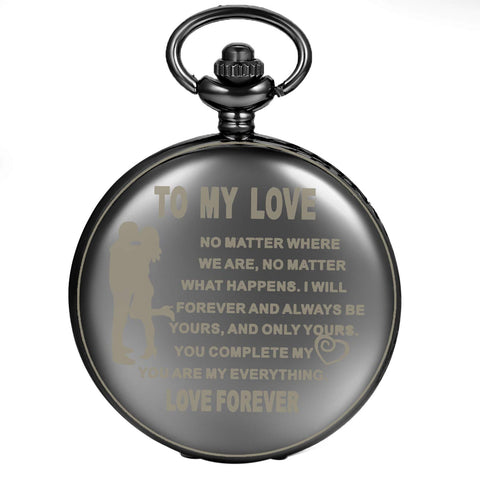 JewelryWe Men Women Pocket Watch Simple Black Polish Quartz Pendant Watch to My Love Engraved Pattern Necklace Watch with Chain