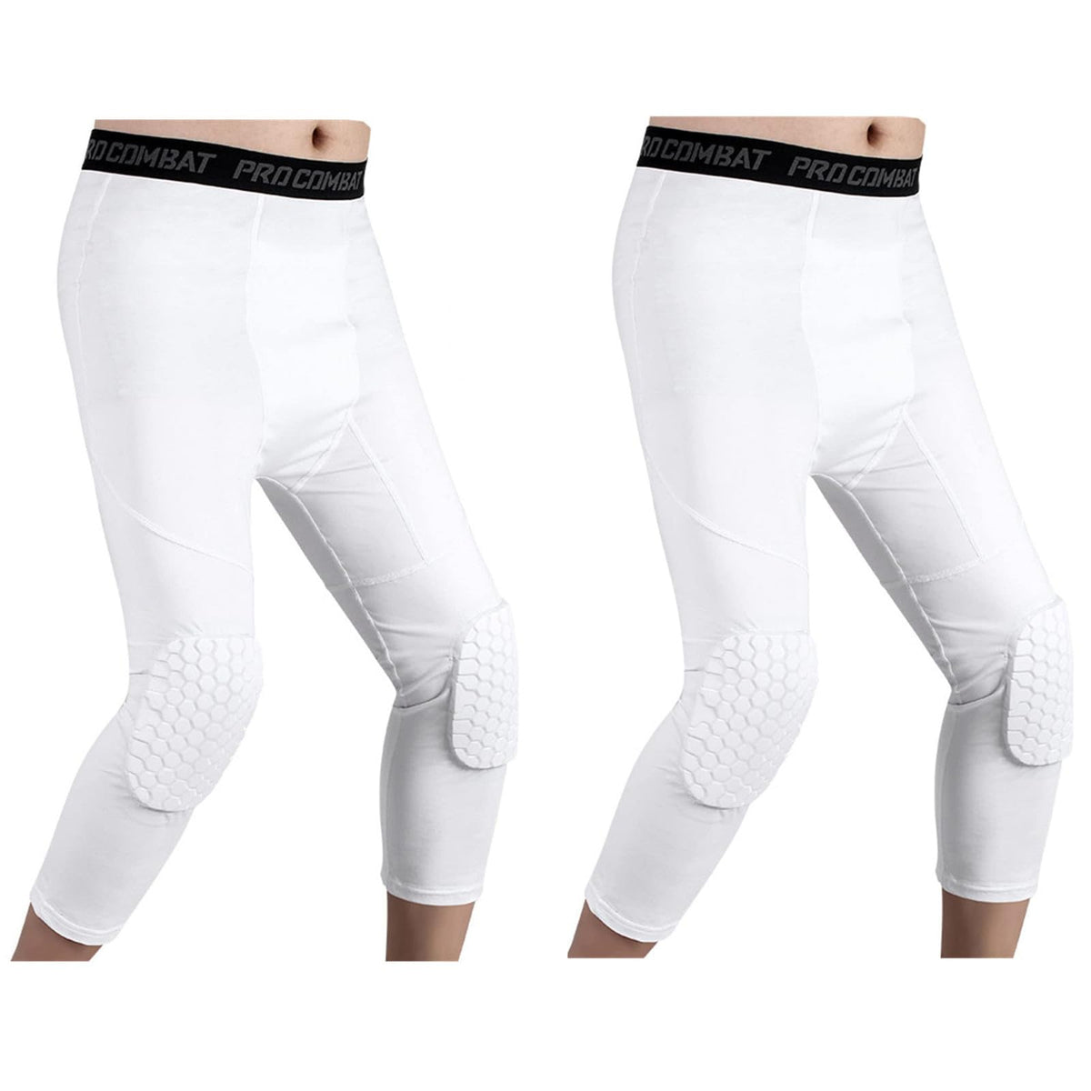 HULG Basketball Pants with Knee Pads, Knee Pads Compression Pants,Men's Basketball Pants with Knee Pads 3/4 Capri Padded Compression Tights Leggings Sports Protector Gear (White,XXL)