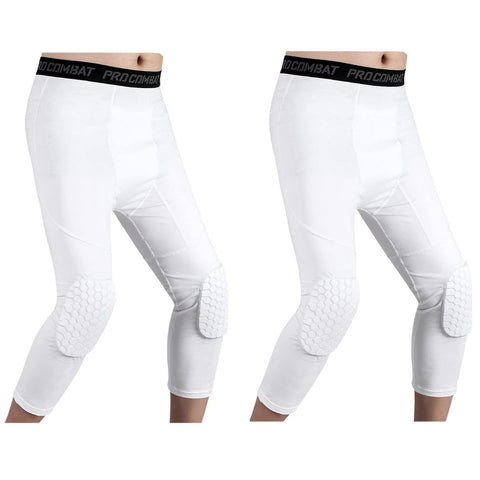 HULG Basketball Pants with Knee Pads, Knee Pads Compression Pants,Men's Basketball Pants with Knee Pads 3/4 Capri Padded Compression Tights Leggings Sports Protector Gear (White,XXL)