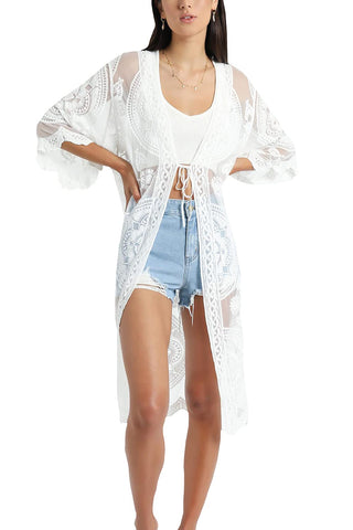 YouKD Women's Lace Cardigan Dress See Through Dress Boho Long Kimono Beach Swimsuit Cover Up Robes F White