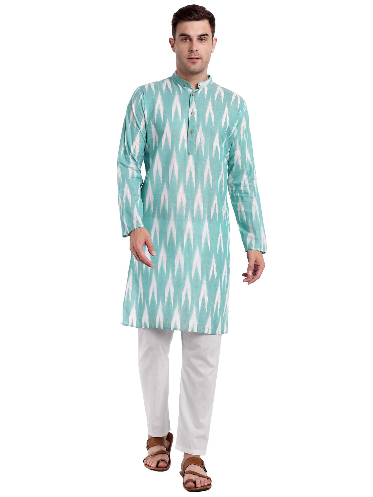 SKAVIJ Men's Pure Cotton Printed Kurta Pajama Set Ikat Design Casual Ethnic Dress (KP118seagreen_Sea_Green_M)