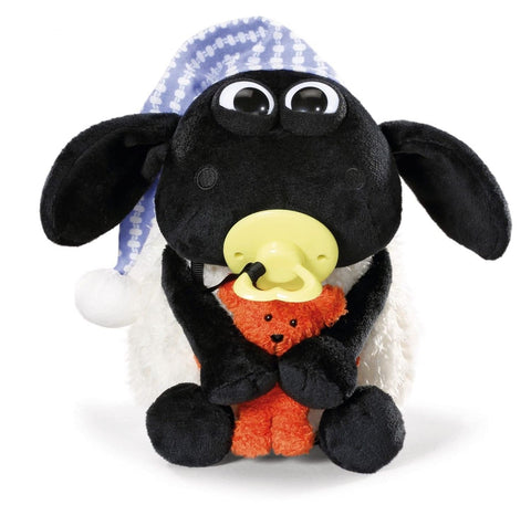 NICI 41470 Shaun The Sheep Cuddly Toy Timmy with Small Bear, Dummy and Sleeping Cap, 25 cm, Colour: White/Black