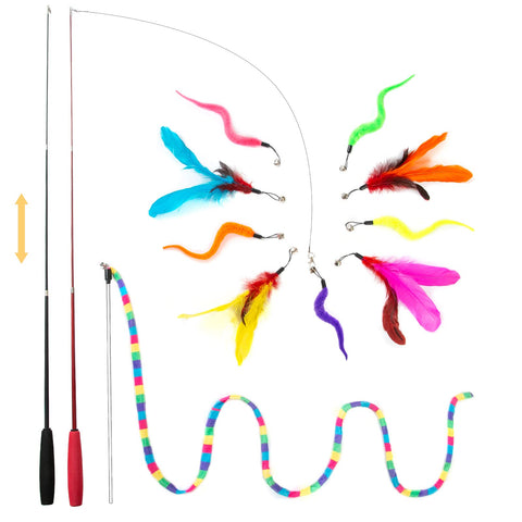 FYNIGO Cat Toys for Indoor Cats Adult Kitten, Interactive Cat Feather Wand Toys for Boredom and Exercise, 3 Teaser Wand with 9 Refills and 2 Spare Hook