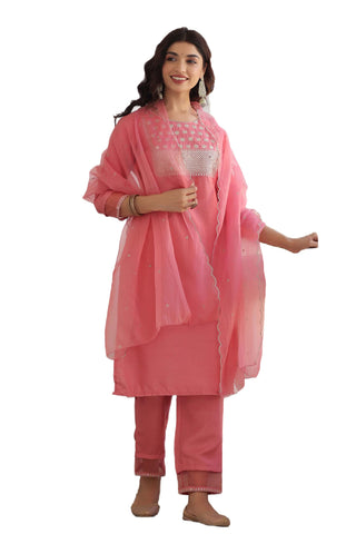 Vaamsi Women's Polysilk Embroiderd Kurta Pant Dupatta Set (PKSKD1159_XL_Pink)