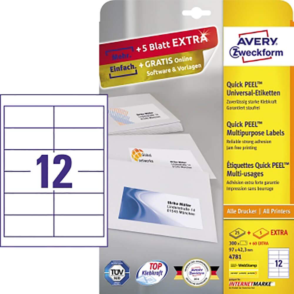 AVERY Zweckform Universal Labels Format 97 x 42.3 mm 300 Labels 30 Blatt White