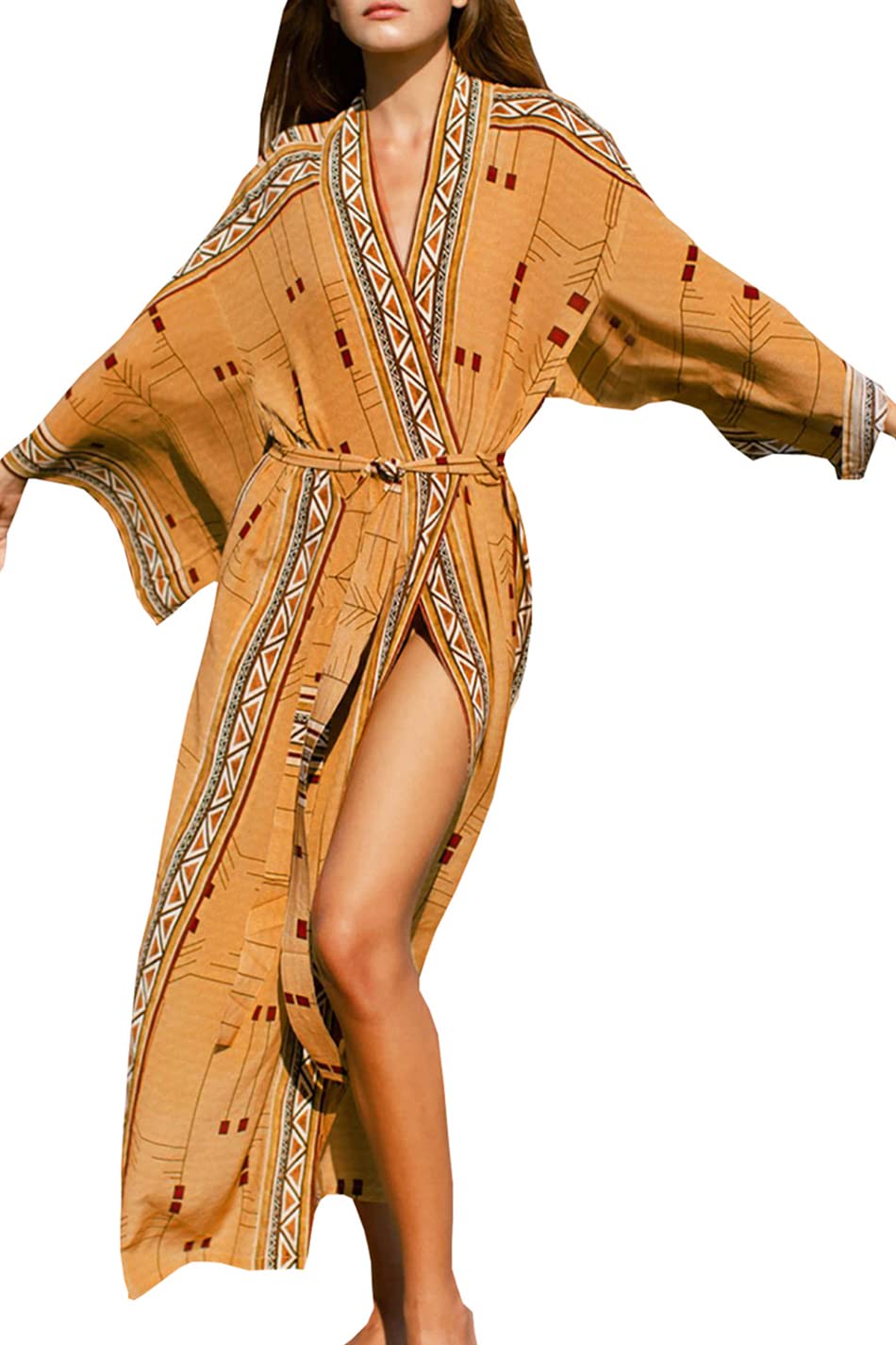 YouKD Bohemian Kimono Long Sleeve Cardigan Beach Swimsuit Cover Up Maxi Dress for Women C Yellow