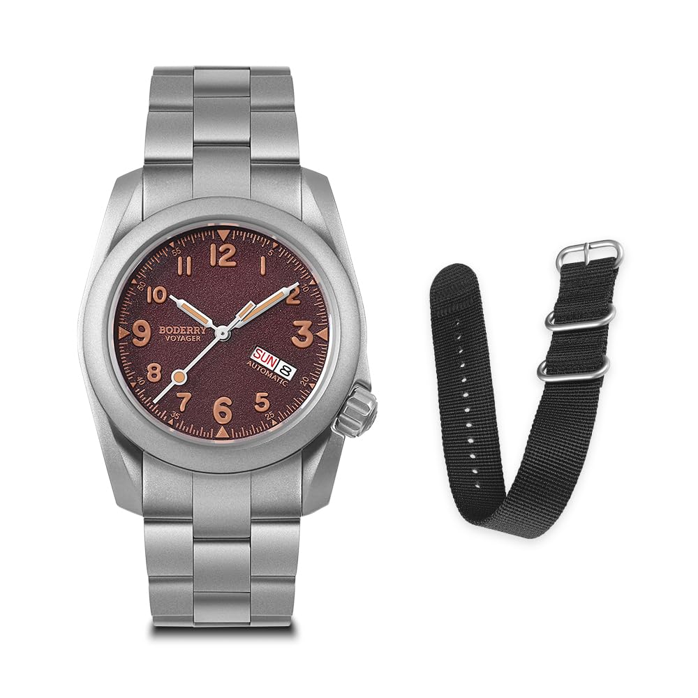 BODERRY Men's Watch Titanium Automatic Field Watch 40mm Military Watch Day Date Function 100M Waterproof with Titanium Bracelet Japanese Mechanical Movement & Screw Down Crown-Voyager
