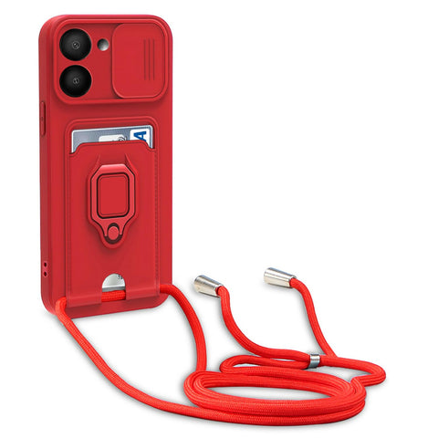 yanasuo Camera Protection Lanyard Phone Case for Vivo Y36 4G, Card Holder, Slide Camera Cover, Silicone Cord Strap rope Shell TPU Shockproof Bumper Cover-Red