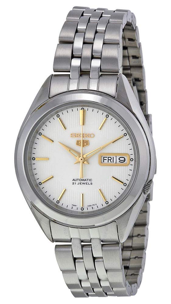 Seiko 5 SNKL17 Men's Stainless Steel White Dial Gold Index Day Date Automatic Watch