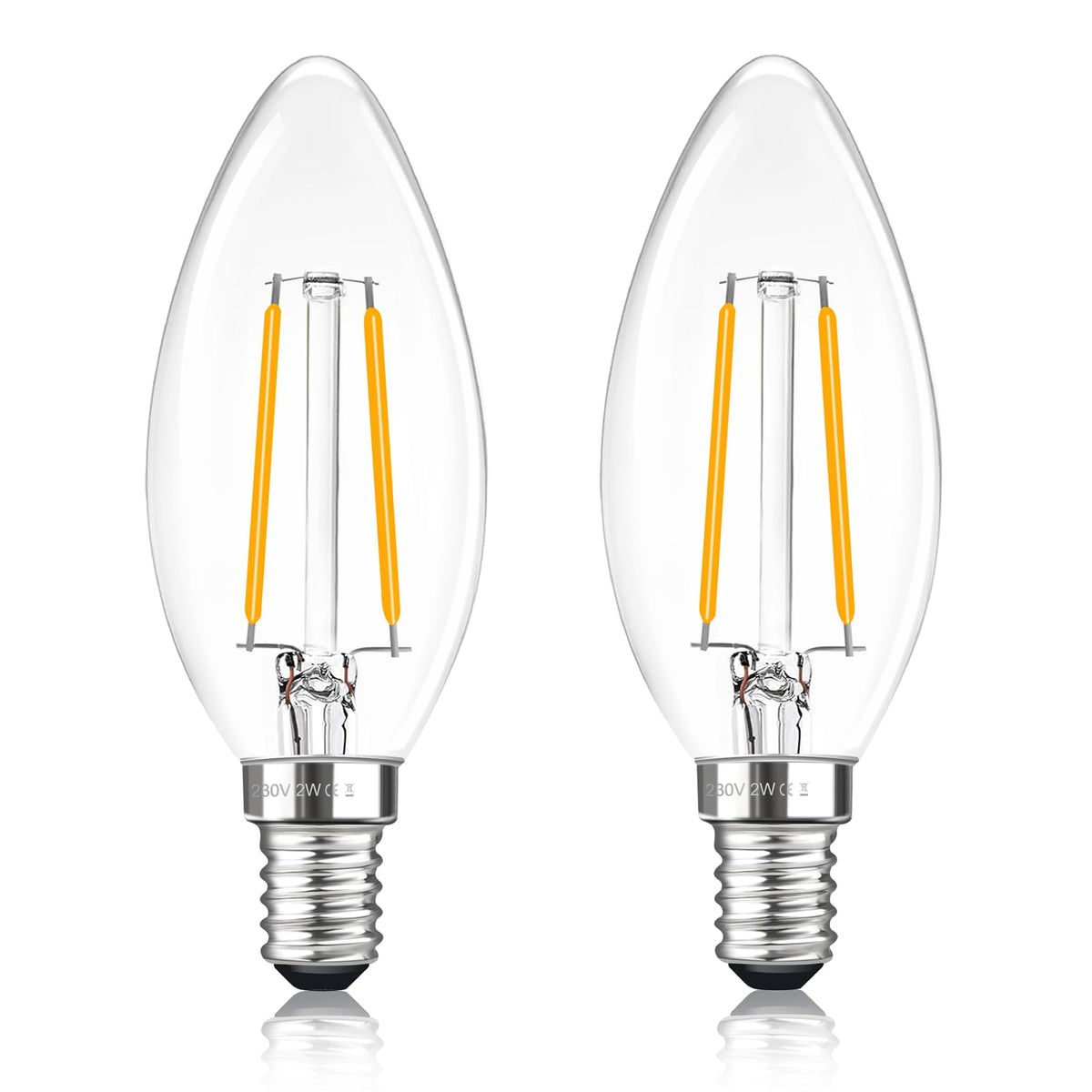 C35 E14 2W LED Candle Light Bulbs, Warm White 2700K, SES Filament Small Edison Screw 2W Equivalent 25W Light Bulb, 200LM, Non-Dimmable, 2 Pack