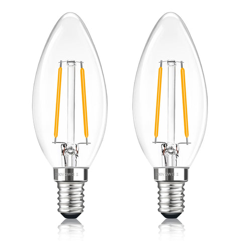 C35 E14 2W LED Candle Light Bulbs, Warm White 2700K, SES Filament Small Edison Screw 2W Equivalent 25W Light Bulb, 200LM, Non-Dimmable, 2 Pack
