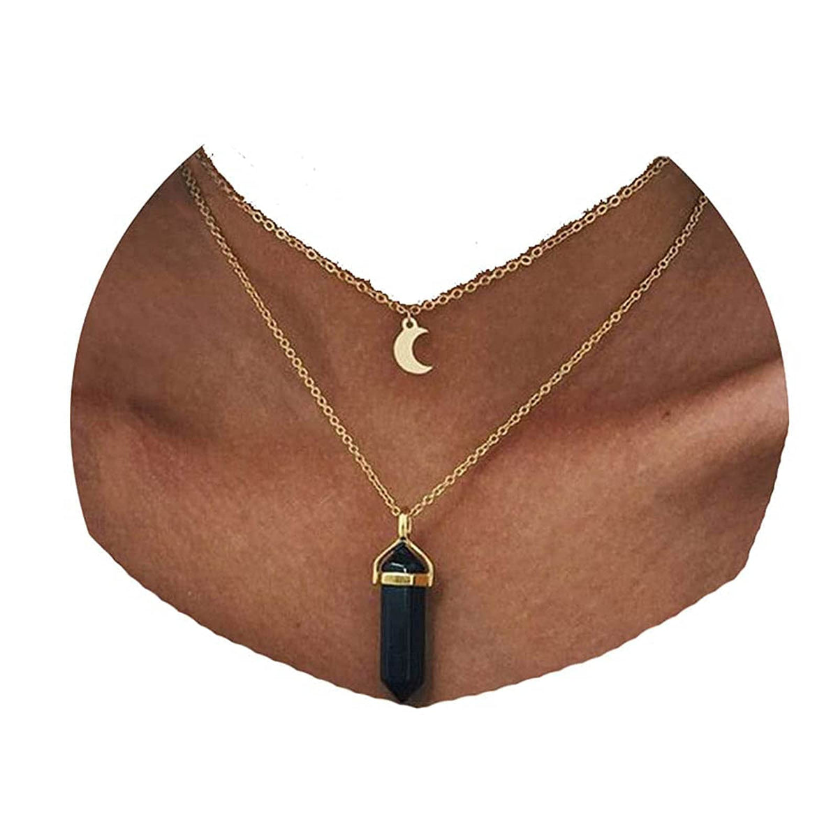 Yheakne Boho Layered Moonstone Necklace Chain Gold Moon Pendant Necklace Black Hexagonal Stone Necklace Jewelry for Women and Girls