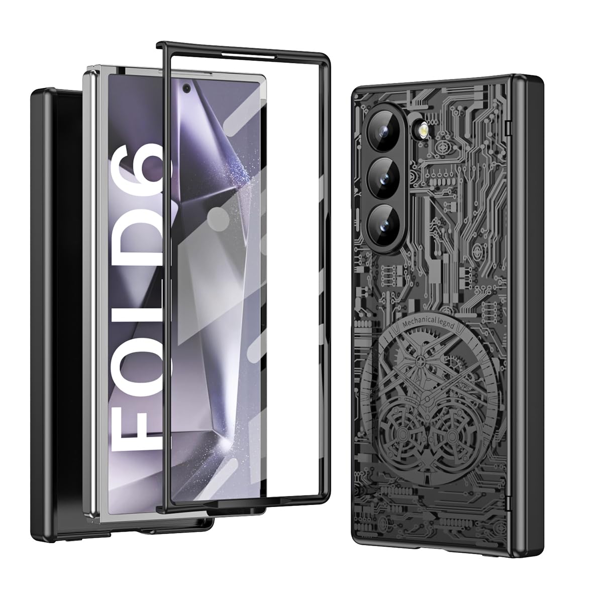 XIMAND for Samsung Galaxy Z Fold 6 Case with Mechanical Legend Pattern, Front Screen Protector - Sleek Design, Holographic Texture, Plating Folding Completely 360 Full Protection.(Black)