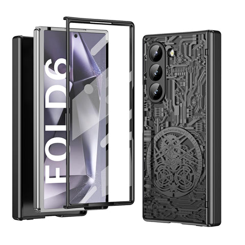 XIMAND for Samsung Galaxy Z Fold 6 Case with Mechanical Legend Pattern, Front Screen Protector - Sleek Design, Holographic Texture, Plating Folding Completely 360 Full Protection.(Black)