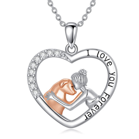 ROMANTICWORK Dog and Girl Necklace 925 Sterling Silver Love Heart Dog Pendant Necklace Dog Jewellery Gifts for Woman Girl Daughter Dog Lovers