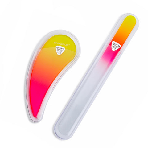 Bona Fide Beauty Czech Glass Nail File Set, 2Pc Ergonomic Fingernail File Set with Protective Sleeves (Sunset Color)