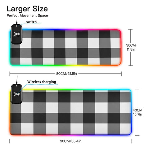 Black White Buffalo Plaid Wireless Charging Mouse Pad for Mobile Phone Extra Large Gaming Mousepad with 13 Lighting Modes Mouse Mat for Office Home Gaming MacBook PC Laptop Desk