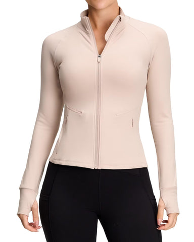 QUEENIEKE Womens Workout Jacket Lightweight Full Zip Running Track Jacket Slim Fit Yoga Cropped Tops with Thumb Holes S Beige