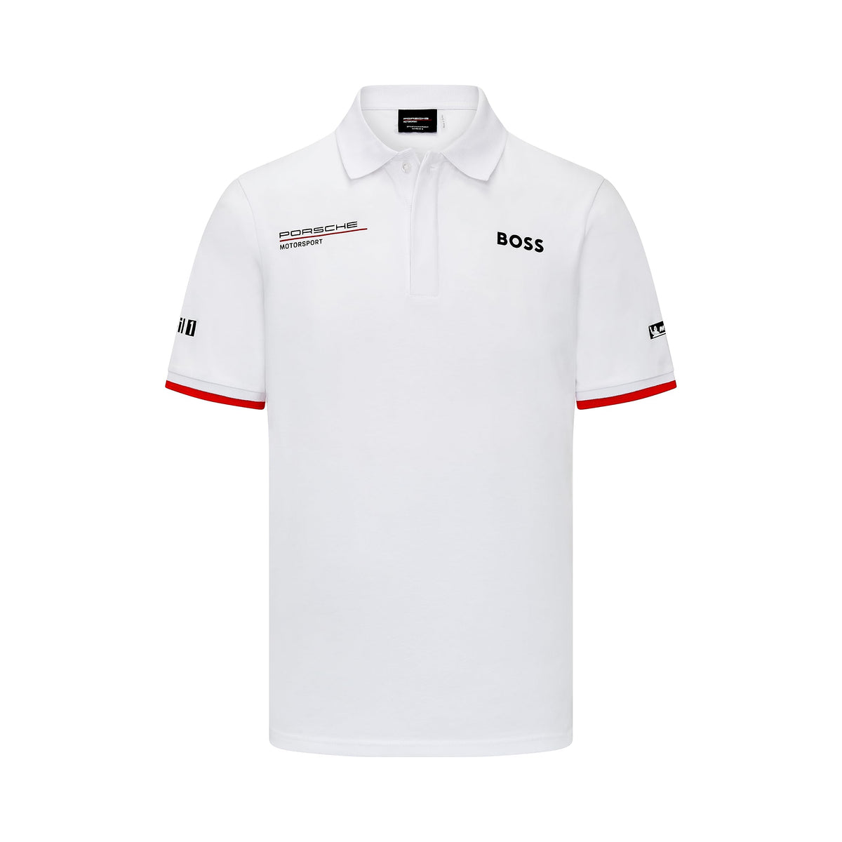 Fuel for Fans Porsche Motorsport, men's polo T shirt, white, printed Team and sponsor logos, Official Merchandise (Small)