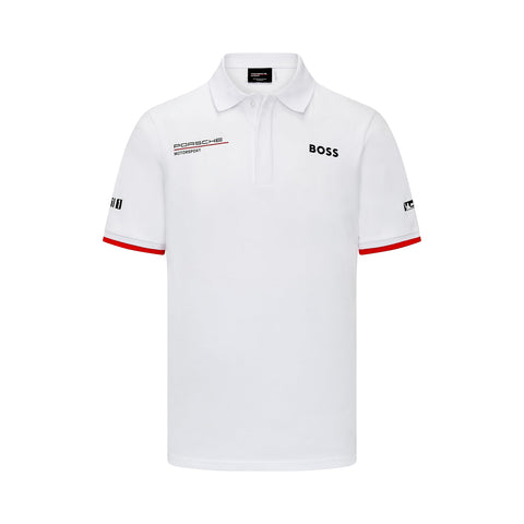 Fuel for Fans Porsche Motorsport, men's polo T shirt, white, printed Team and sponsor logos, Official Merchandise (Small)