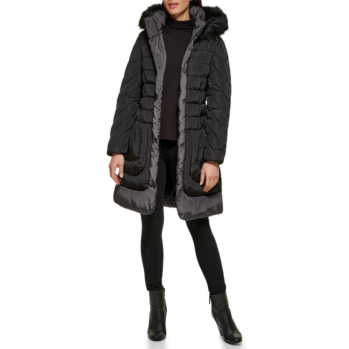 GUESS Women's Midweight Puffer Jacket, Belted Black, X-Large