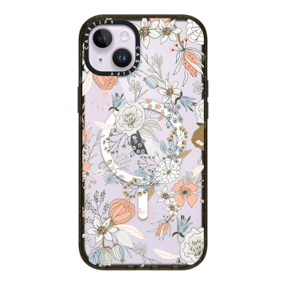 CASETiFY Impact iPhone 14 Plus Case [4X Military Grade Drop Tested / 8.2ft Drop Protection/Compatible with Magsafe] - Abstract Modern Coral White Pastel Rustic Floral - Glossy Black