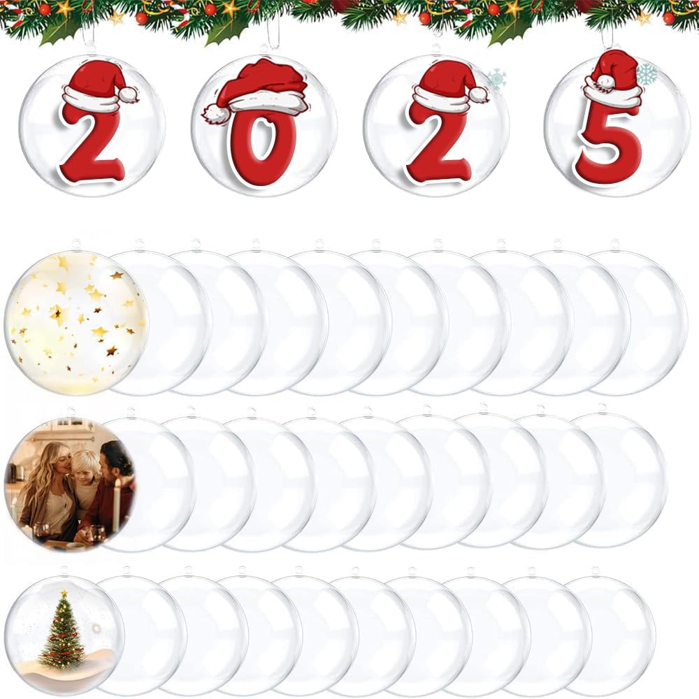 Xlong Pack of 30 Transparent Acrylic Baubles, Fillable Christmas Baubles, 4/5/6 cm, Acrylic Christmas Baubles