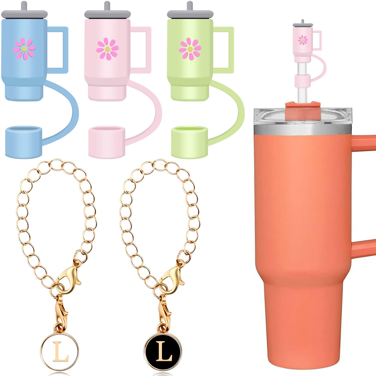 Vanleonet Straw Cover for Stanley Cup,3 Pcs Silicone Straw Topper Compatible with Stanley 30&40 Oz Tumbler 2 Pcs Initial Letter Personalized Charm for Stanley Tumbler Cup (L)