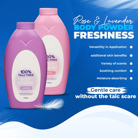 Zopper - Body Powder Talc-Free Delicate Scents of Rose & Lavender Combo Pack 280g for Silky Smoothness Leaves Your Skin Soft