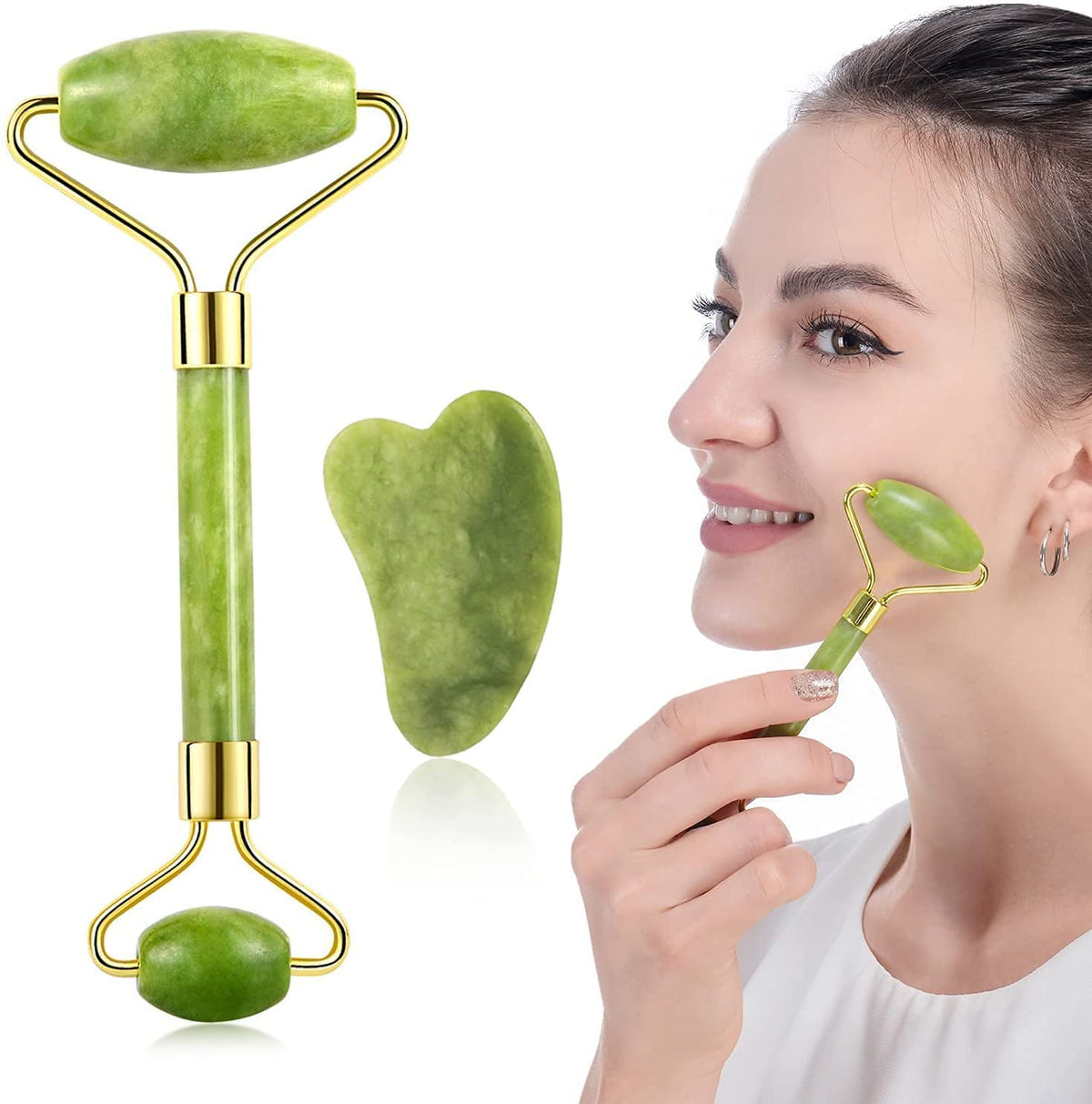 Facial Massager Roller & Gua Sha Tool Natural Himalayan Stone for Face Neck Healing Skin Wrinkles & Serum Application