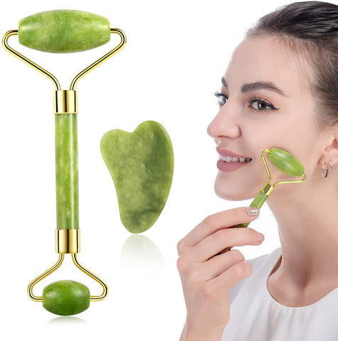 Facial Massager Roller & Gua Sha Tool Natural Himalayan Stone for Face Neck Healing Skin Wrinkles & Serum Application