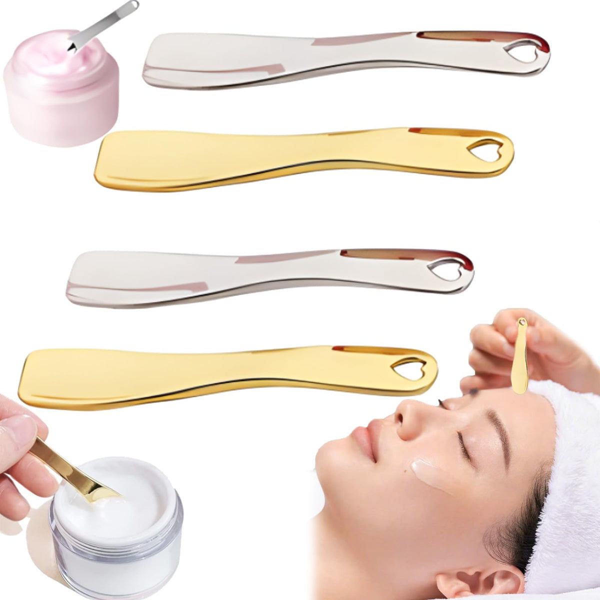 lankai Pack of 4 Cosmetic Spatula Scoops, Small Metal Spatula Cosmetics Face Mask Spatula Spoon for Face Cosmetics Face Cream Lotions Moisturising Cream Mixing Samples (Silver and Gold)