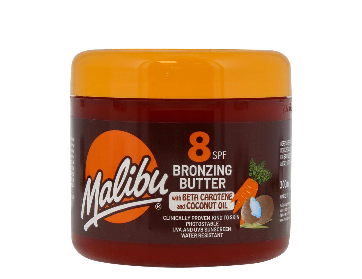Malibu Sun SPF 8 Bronzing Tanning Body Butter with Beta Carotene and Coconut Oil, Water Resistant, Tropical Coconut Fragrance, 300ml