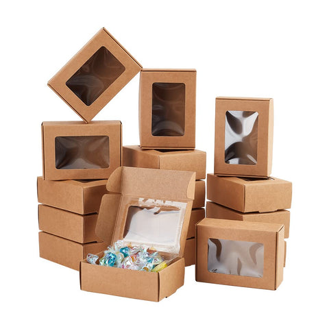 BENECREAT 30 Pack 3.3x2.3x1inch Rectangle Brown Kraft Paper Boxes with Clear Window for Wedding Party Favor Treats, Bakery, Valentine's Day Jewelry Gift Packaging