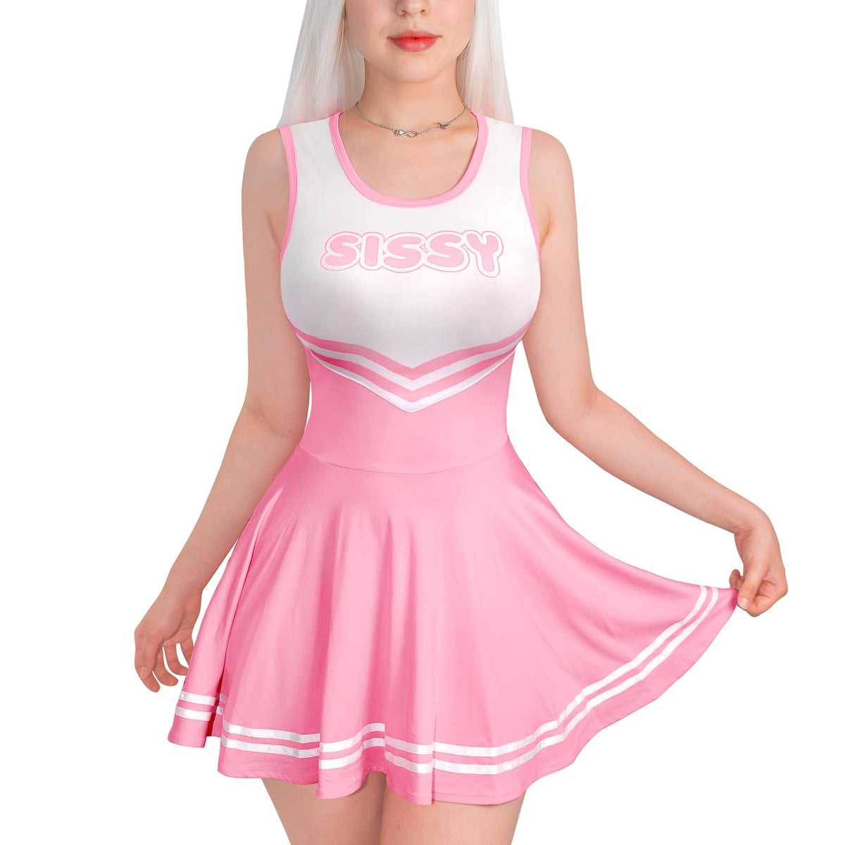 Littleforbig Women Sleeveless Overall Cheer Sissy Bodycon Mini Dress Skirt S Pink