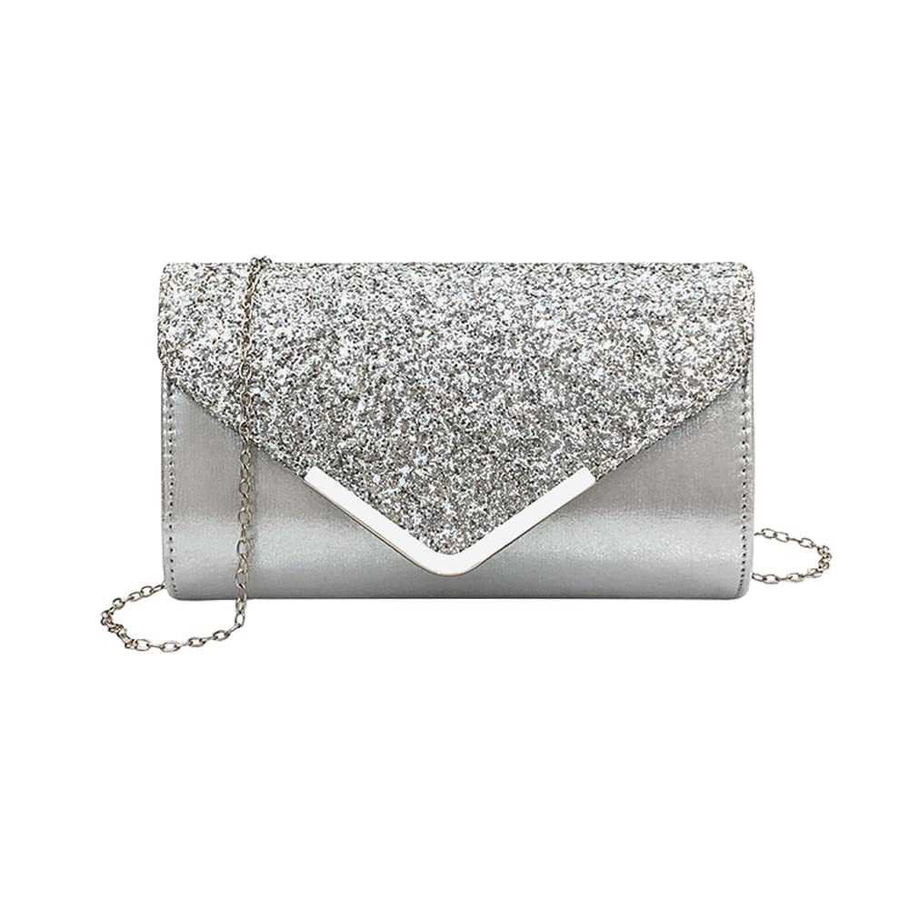DZOZO Women Clutch Bag Sparkly Silver Evening Handbag Chain Shoulder Bag Bridal Prom Party Handbag Purse Envelope Bag Clutch Bag Elegant Sequins