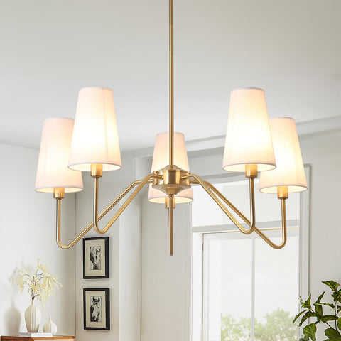 ZenithBeam Modern Gold Chandelier,5-Light Pendant Light 76Cm E14 Chandeliers Ceiling Light with White Linen Lampshade Light Fittings for Bedroom Living Room,200W