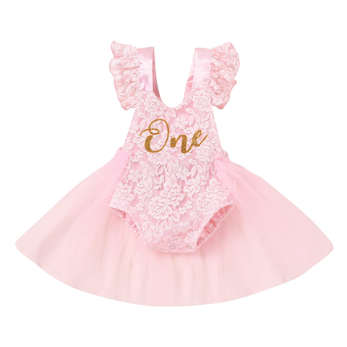 Baby Girl First Birthday Outfit Lace Tulle Romper Princess Tutu Dress One Year Old Birthday Cake Smash Photography Clothes #Pink 9-12 Months