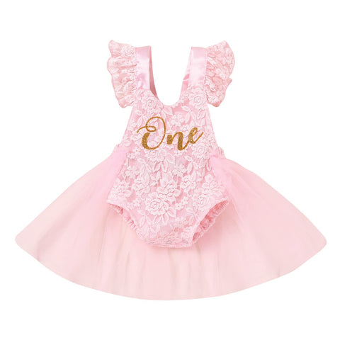 Baby Girl First Birthday Outfit Lace Tulle Romper Princess Tutu Dress One Year Old Birthday Cake Smash Photography Clothes #Pink 9-12 Months