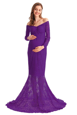 HIHCBF Women Mermaid Maternity Lace Dress V Neck Off Shoulder Slim Fit Bridesmaid Wedding Baby Shower Photo Shoot Gown Purple S