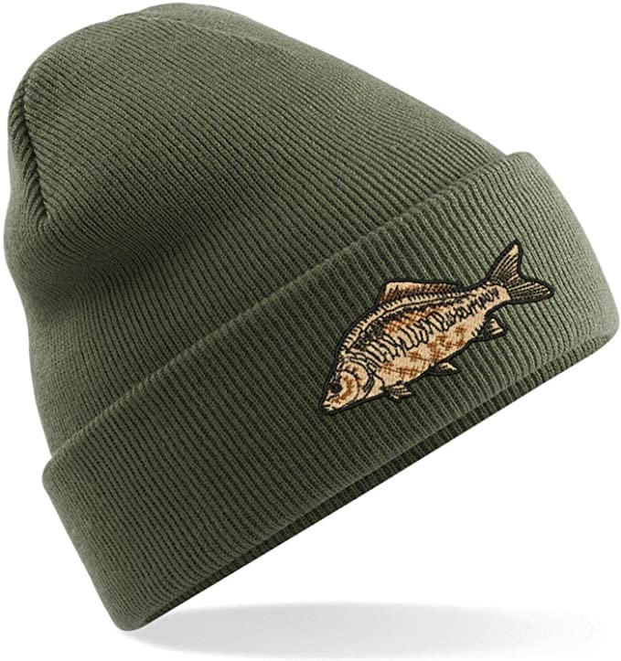 CARP Fishing Angler Embroidered Beanie Hat - Common/Mirror/Specimen Logo (Olive Green)