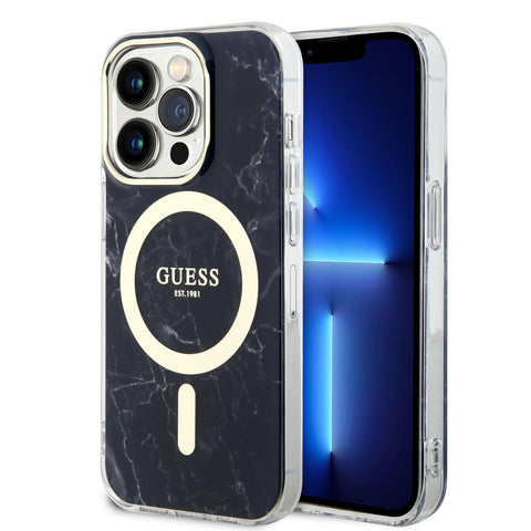 CG MOBILE Guess Phone Case Compatible with Magsafe - iPhone 15 Pro Phone Case in Black Marble, Anti-Scratch, Comfortable & Durable Hard Case with Accessible Ports