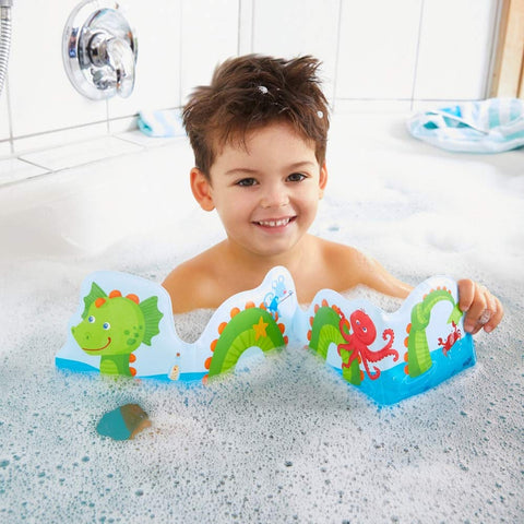 HABA Baby Bath Book Water Dragon Fridolin & Sea Friends - Fanfold Style with 8 Pages Floats Upright in The Bath or Kiddie Pool